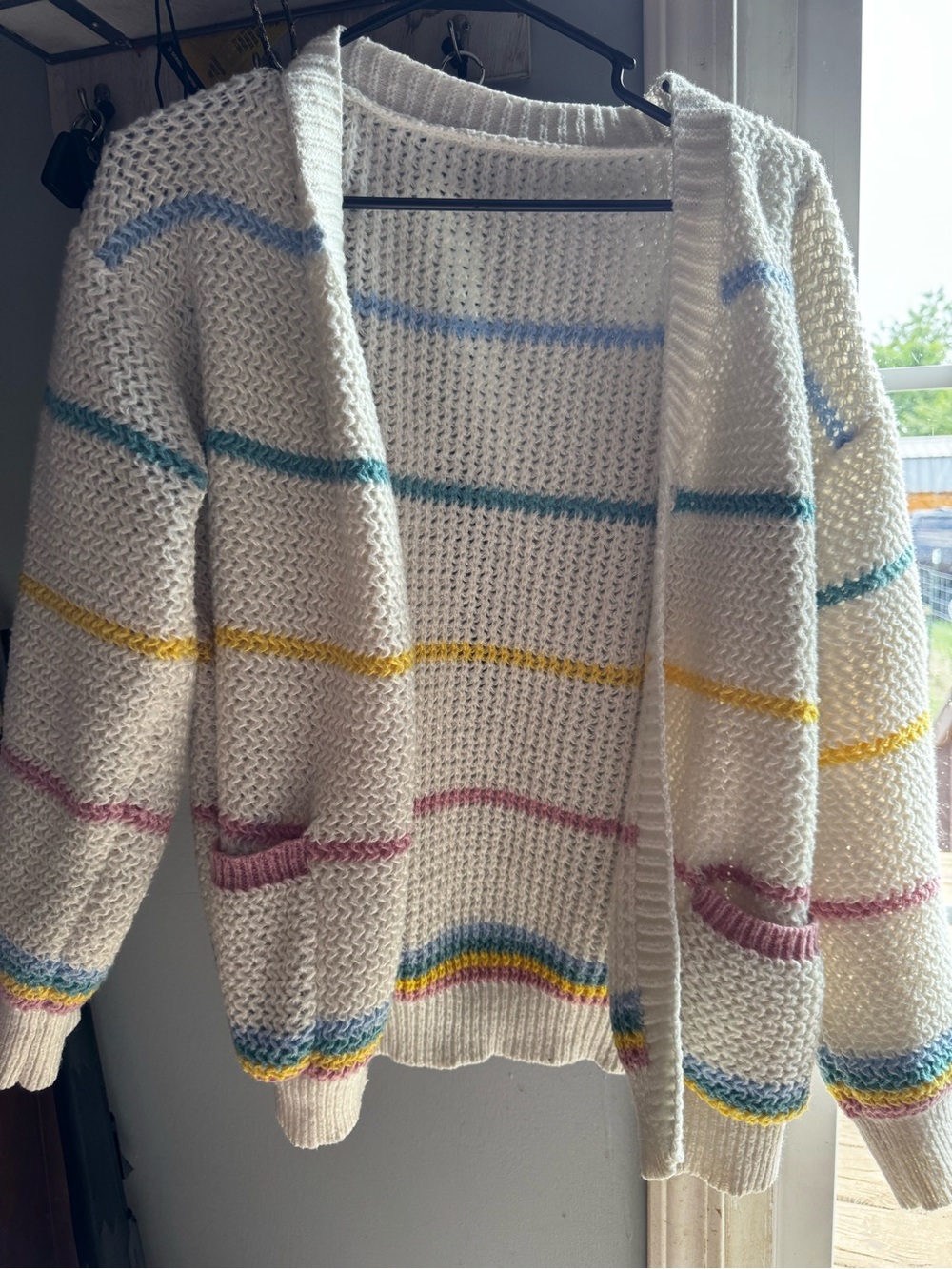 SHEIN Cream Open-Front Knit Cardigan with Pastel Stripes